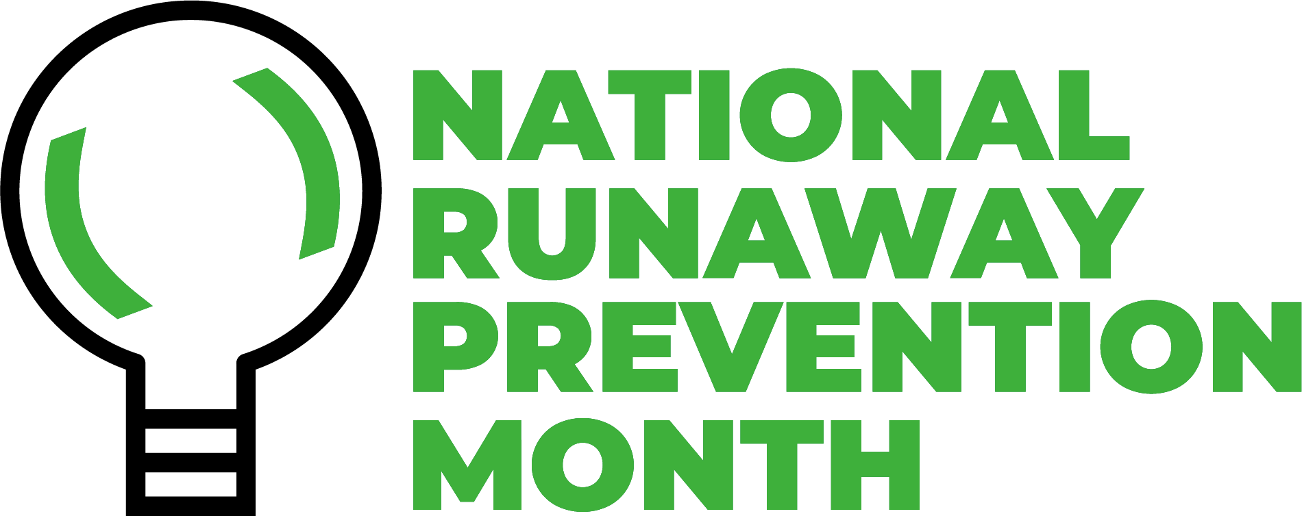 Black outline of ligthbulb with green marks to represent light. "National Runaway Prevention Month" in green text.